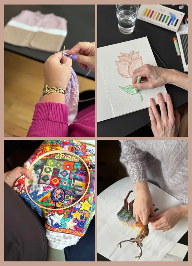 Billeder af kage, strik, strikkende hænder og kvinder der strikker